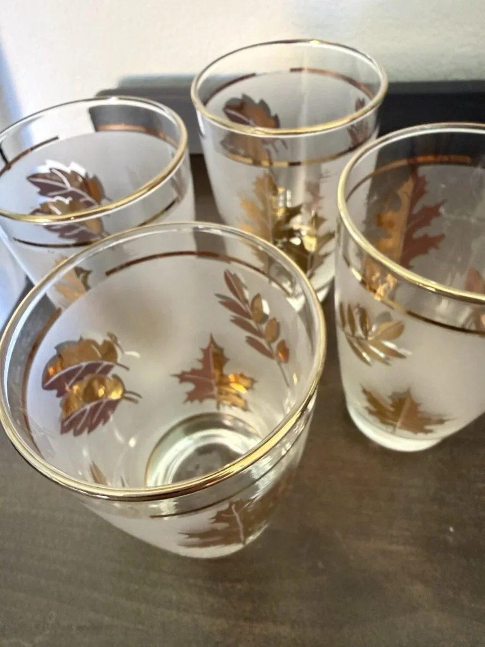 5 Vintage Libby Glass Company Tumblers Golden Foliage Pattern Frost Finish 22K